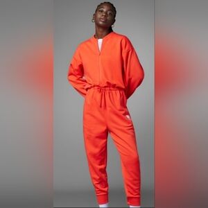 ADIDAS Jumper Self Love Coral Red LS Elastic Waist Zip Day Hearts Jumpsuit NWT S